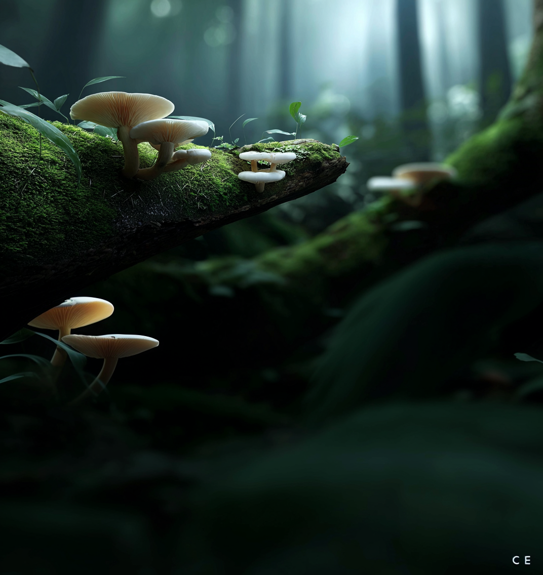 Moss-covered forest floor with mushrooms and filtered light