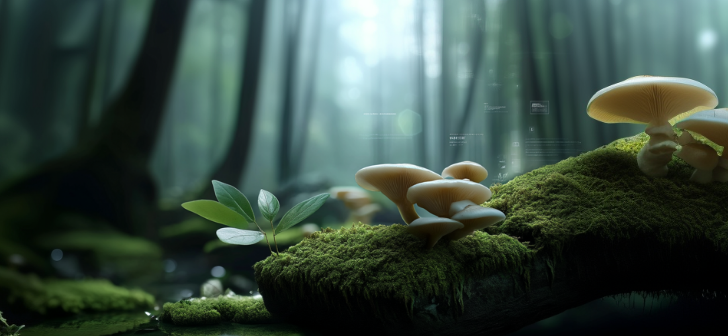 Mushrooms growing on a mossy forest floor